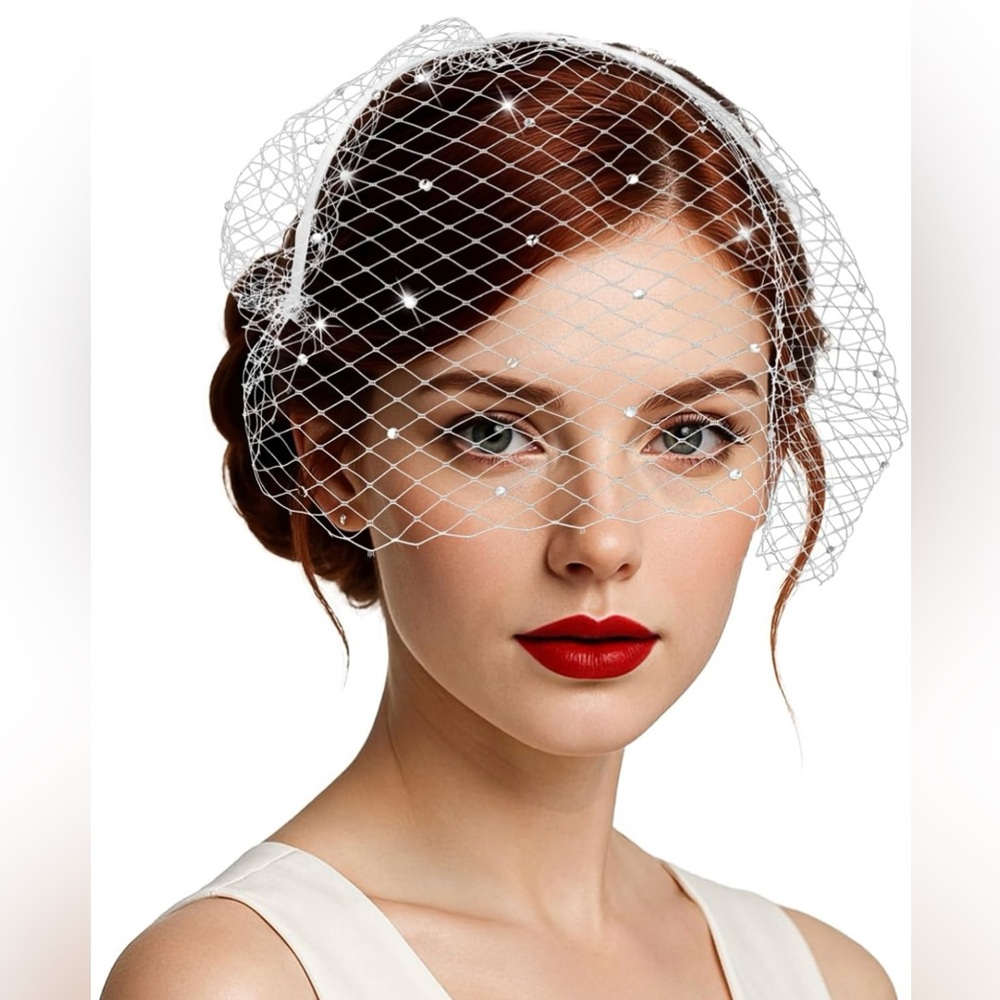 1920s White Veil Headband, Birdcage Veil Flapper Fascinator Mesh Vintage Lace